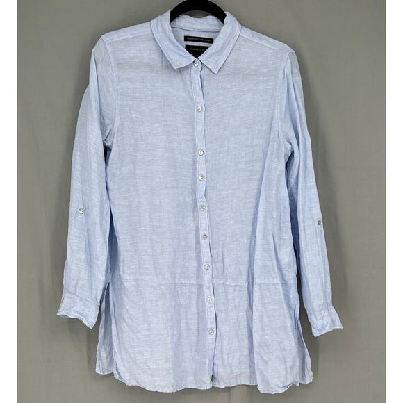 Tahari Top Womens Medium Blue Linen Button Tunic Shirt Classic Coastal Beach - Picture 6 of 8